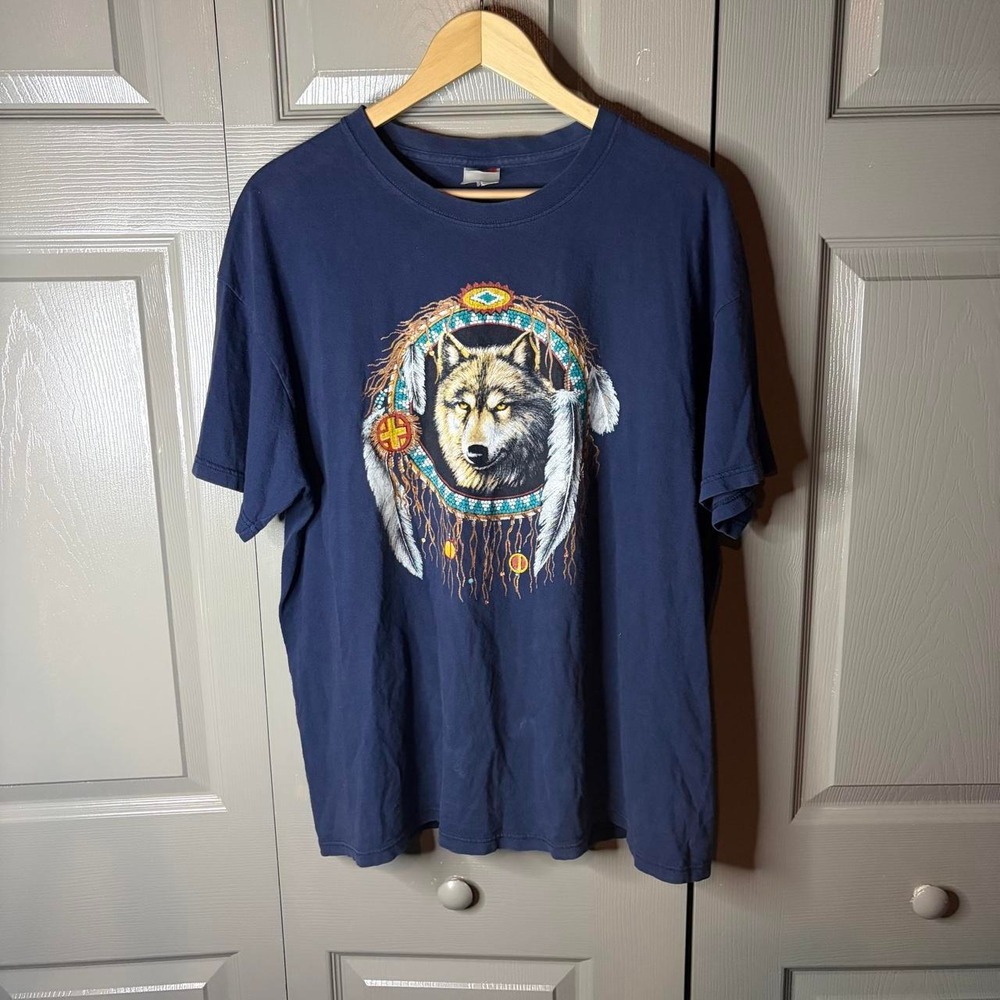 Vintage Soffe Wolf Dreamcatcher Nature T Shirt Navy Blue Mens XL Made in USA